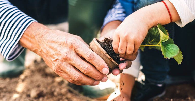 Kind und ältere Person bei der Gartenarbeit